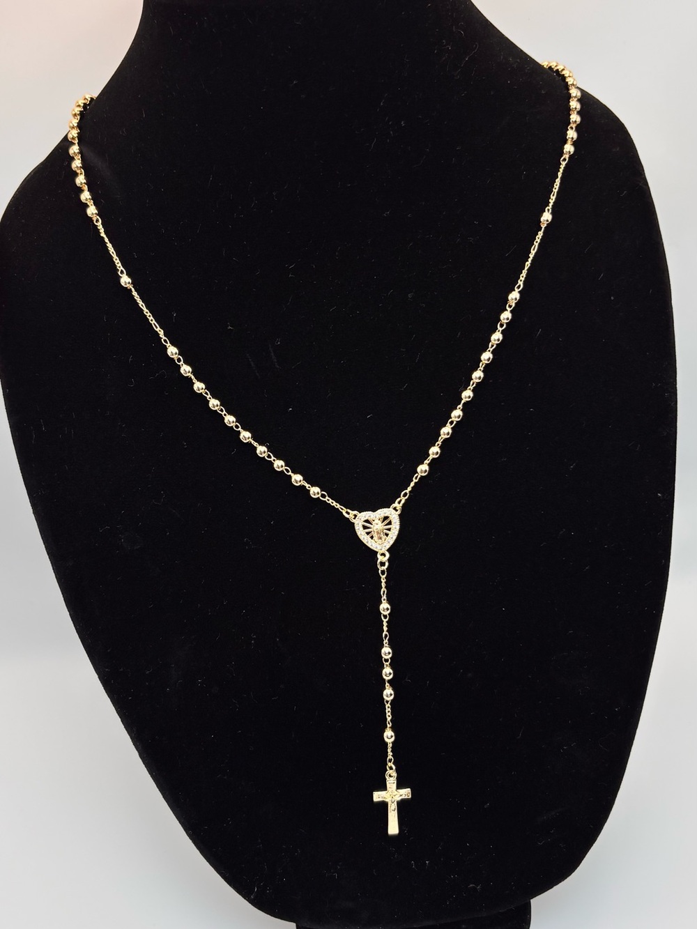 Delicate Gold Rosary-Style Cross Lariat Necklace